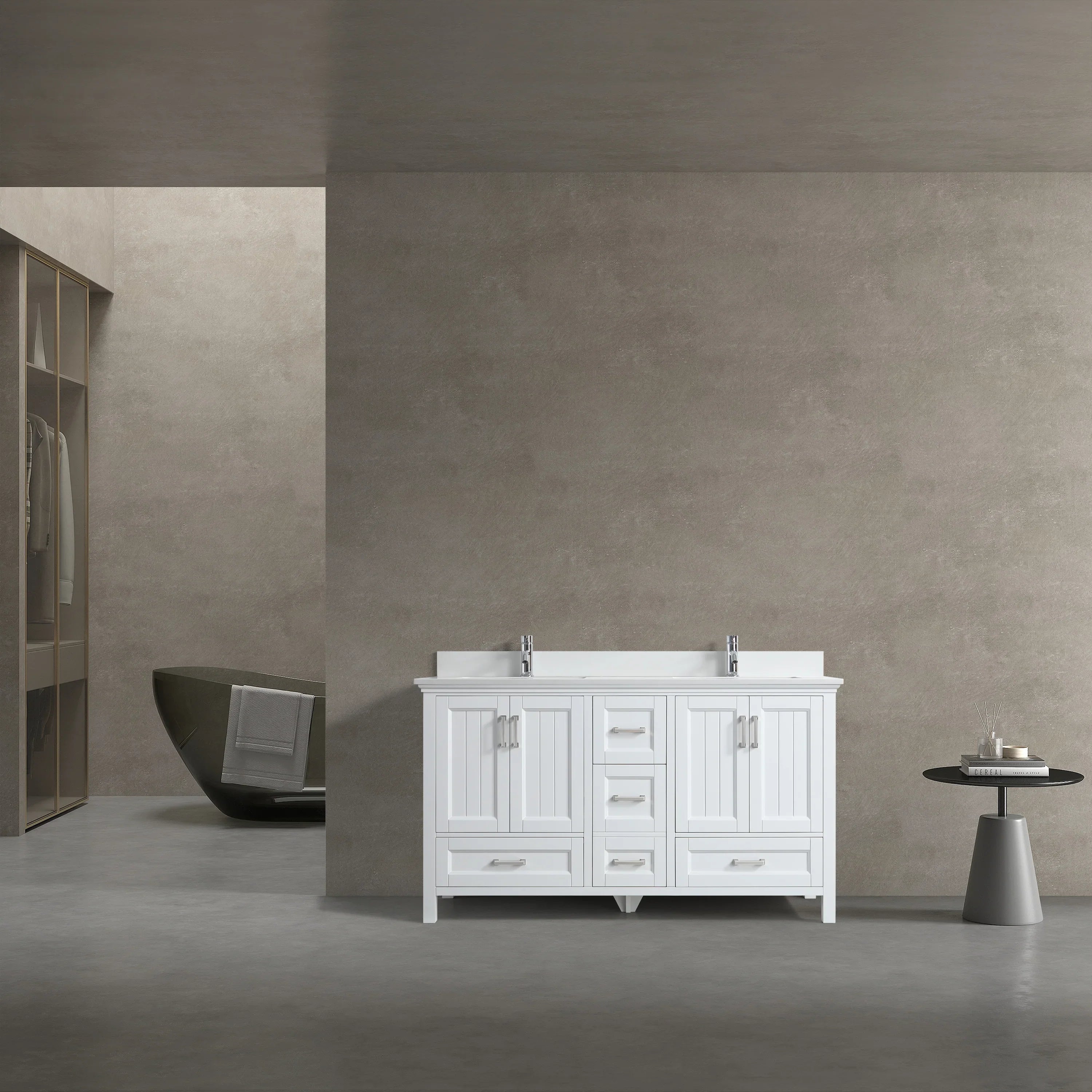 60" White Freestanding Double Sink Bathroom Vanity with White Quartz Countertop