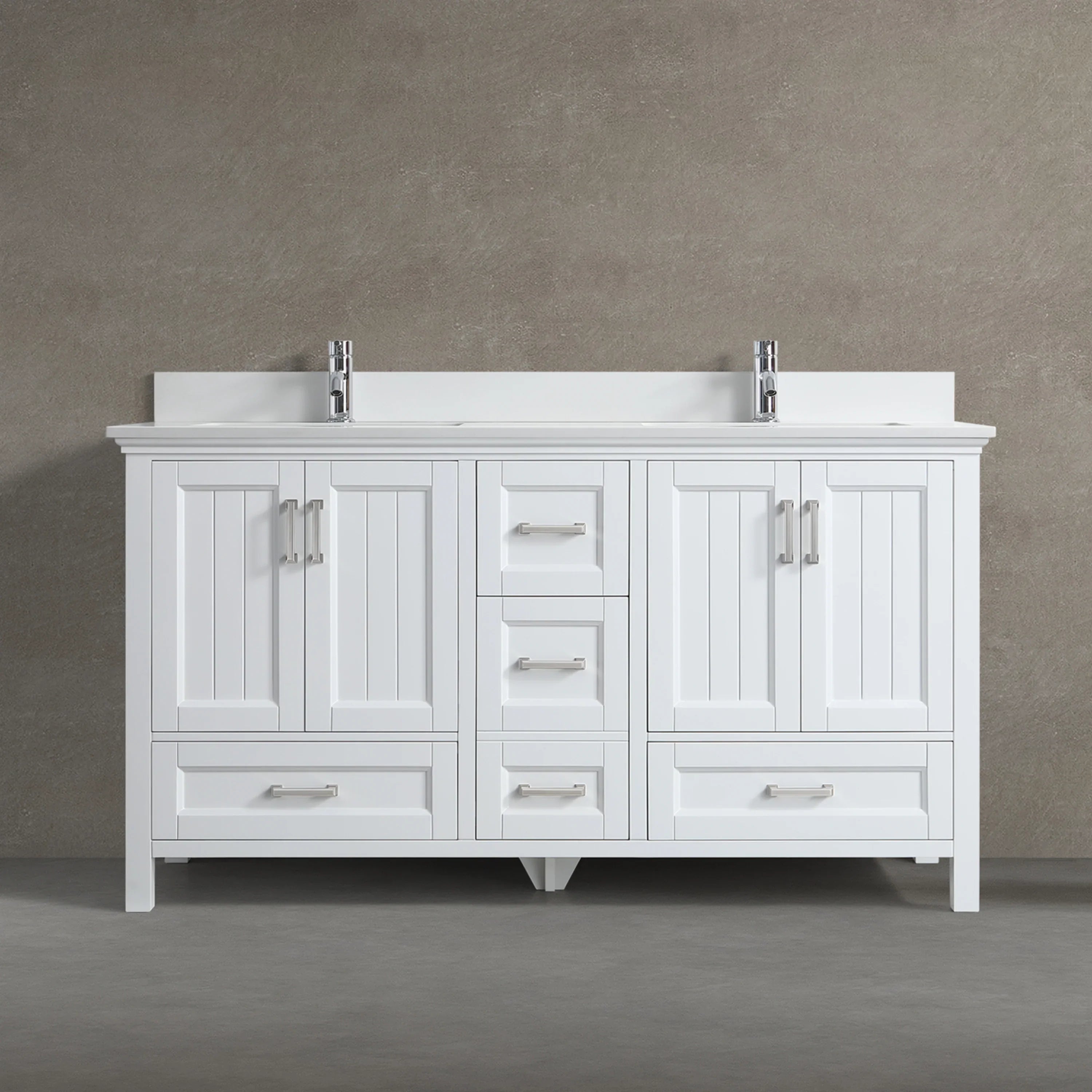 60" White Freestanding Double Sink Bathroom Vanity with White Quartz Countertop