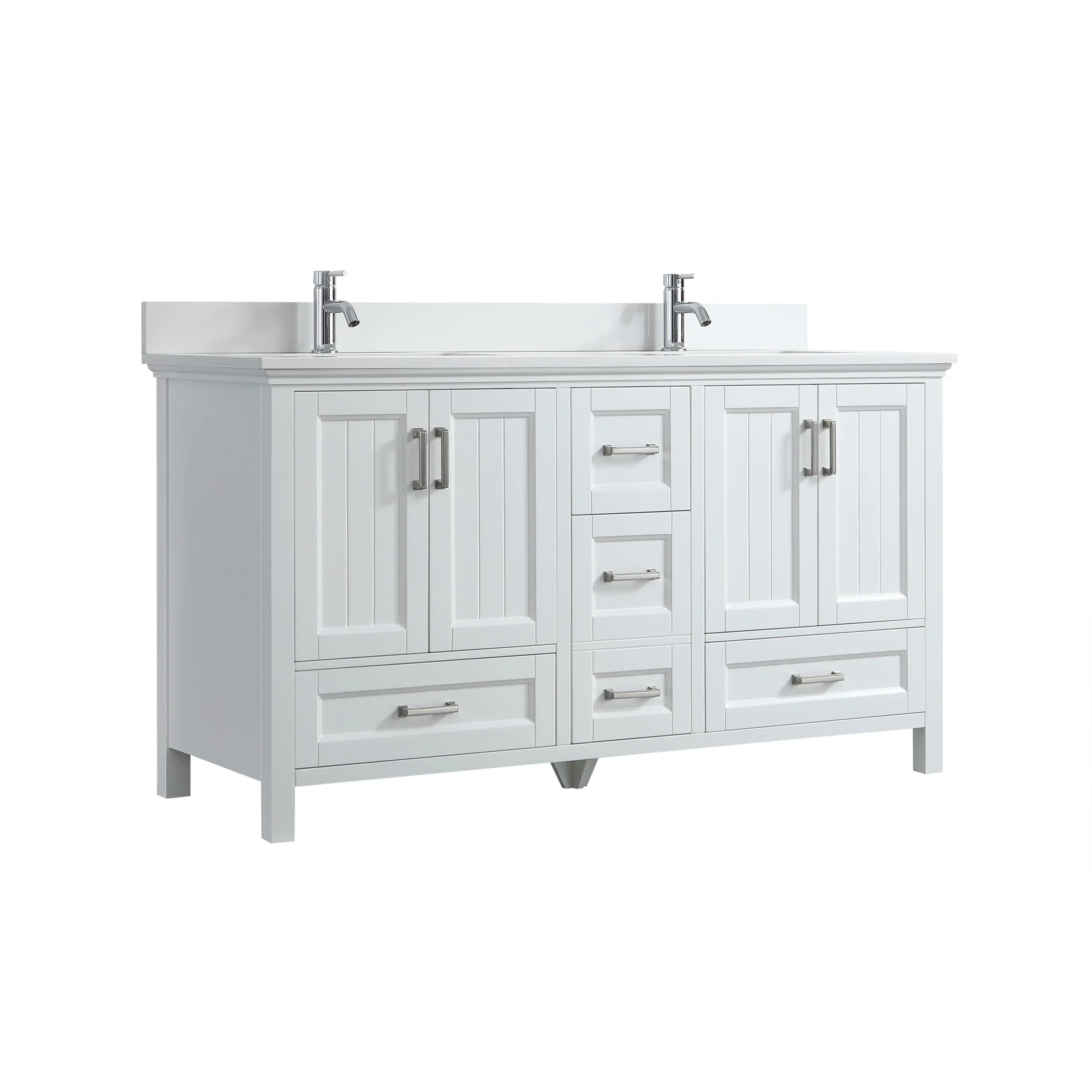 60" White Freestanding Double Sink Bathroom Vanity with White Quartz Countertop