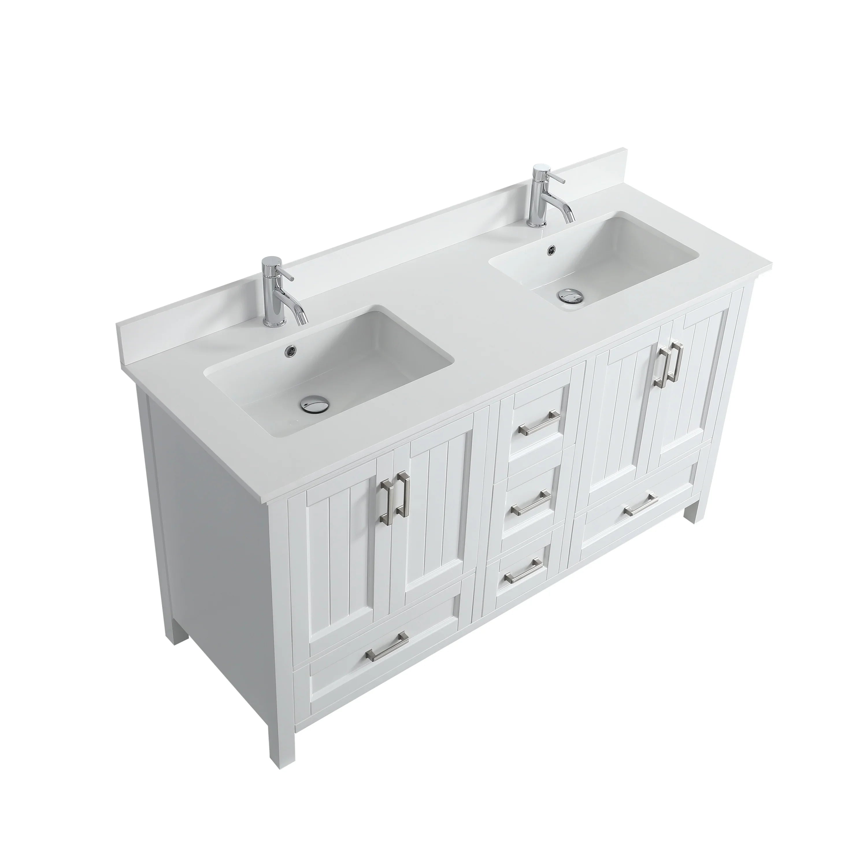 60" White Freestanding Double Sink Bathroom Vanity with White Quartz Countertop