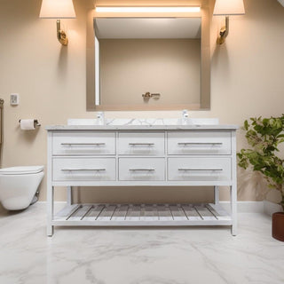 60" White Freestanding Double Sink Bathroom Vanity with Calcutta Quartz Countertop Fiory - Golden Elite Deco