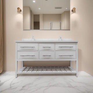 60" White Freestanding Double Sink Bathroom Vanity with White Quartz Countertop Fiory - Golden Elite Deco
