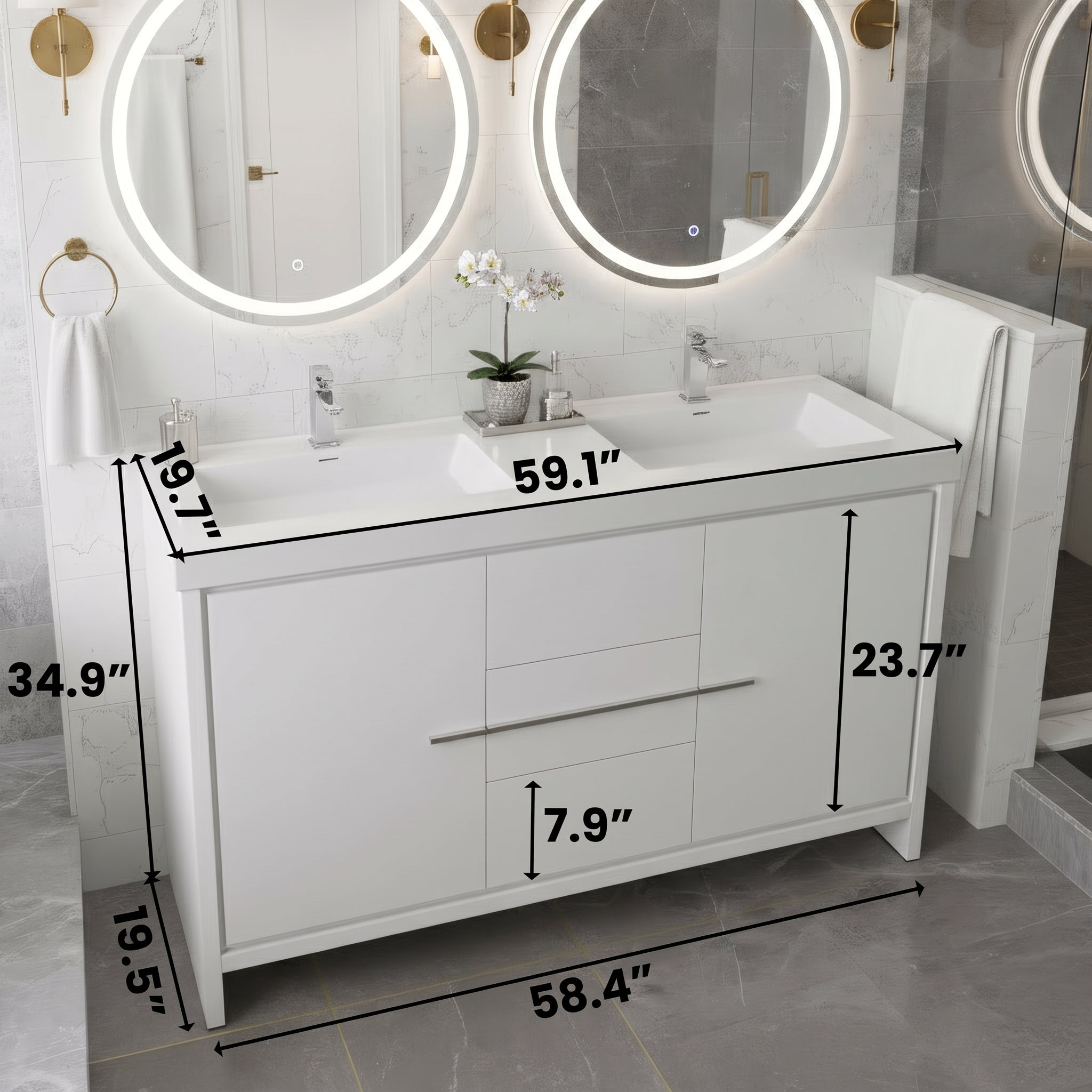 Meuble-Lavabo Autoportant 60po Blanc Brillant avec Comptoir de Polymarbre Blanc 
