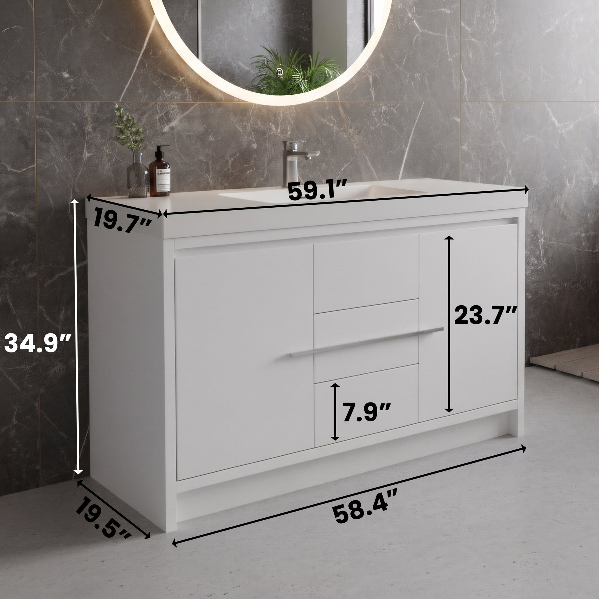 Meuble-Lavabo Autoportant 60po Blanc Brillant avec Comptoir de Polymarbre Blanc 
