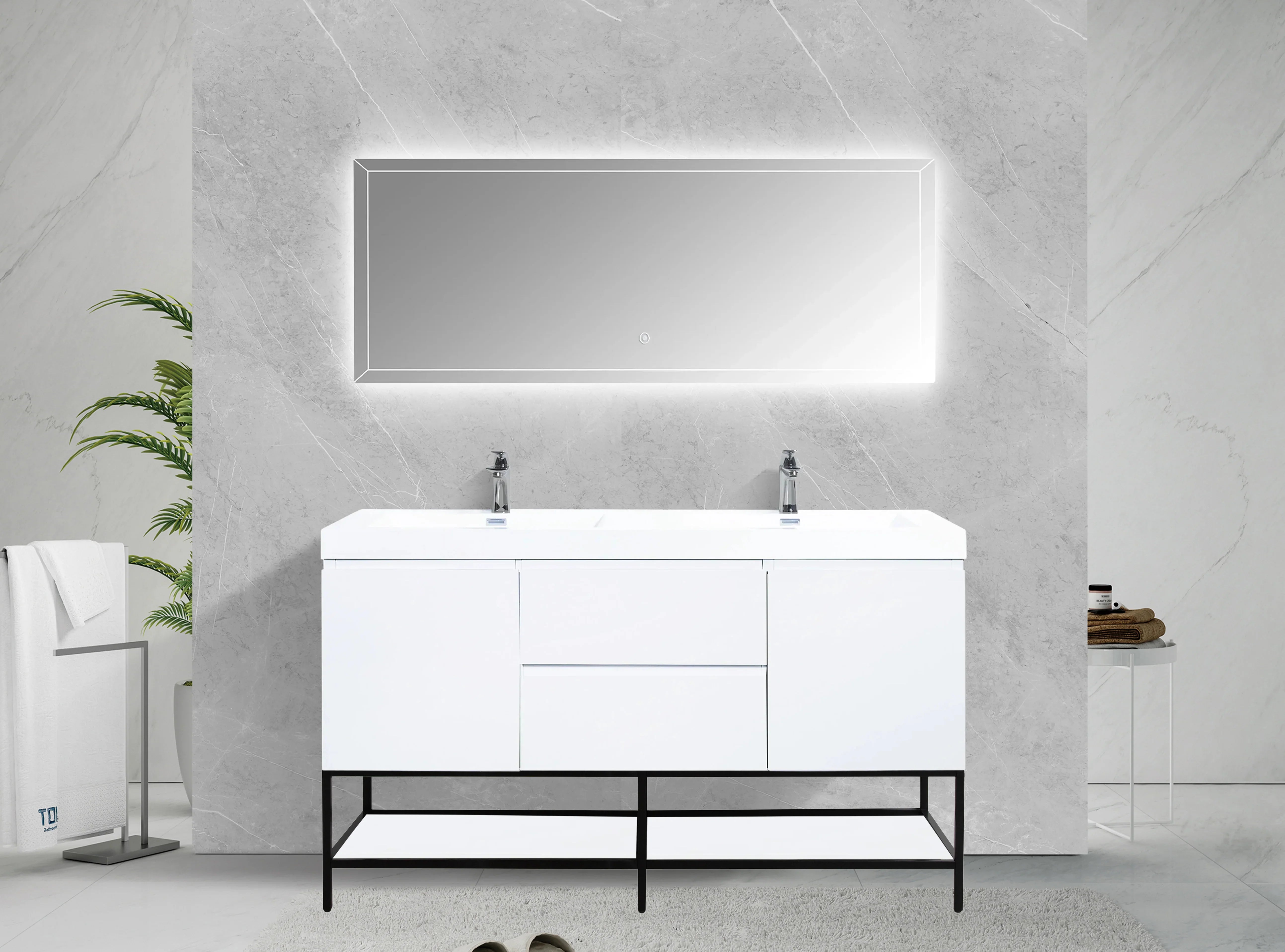 60" Glossy White Wall Mount Double Sink Bathroom Vanity with White Polymarble Countertop