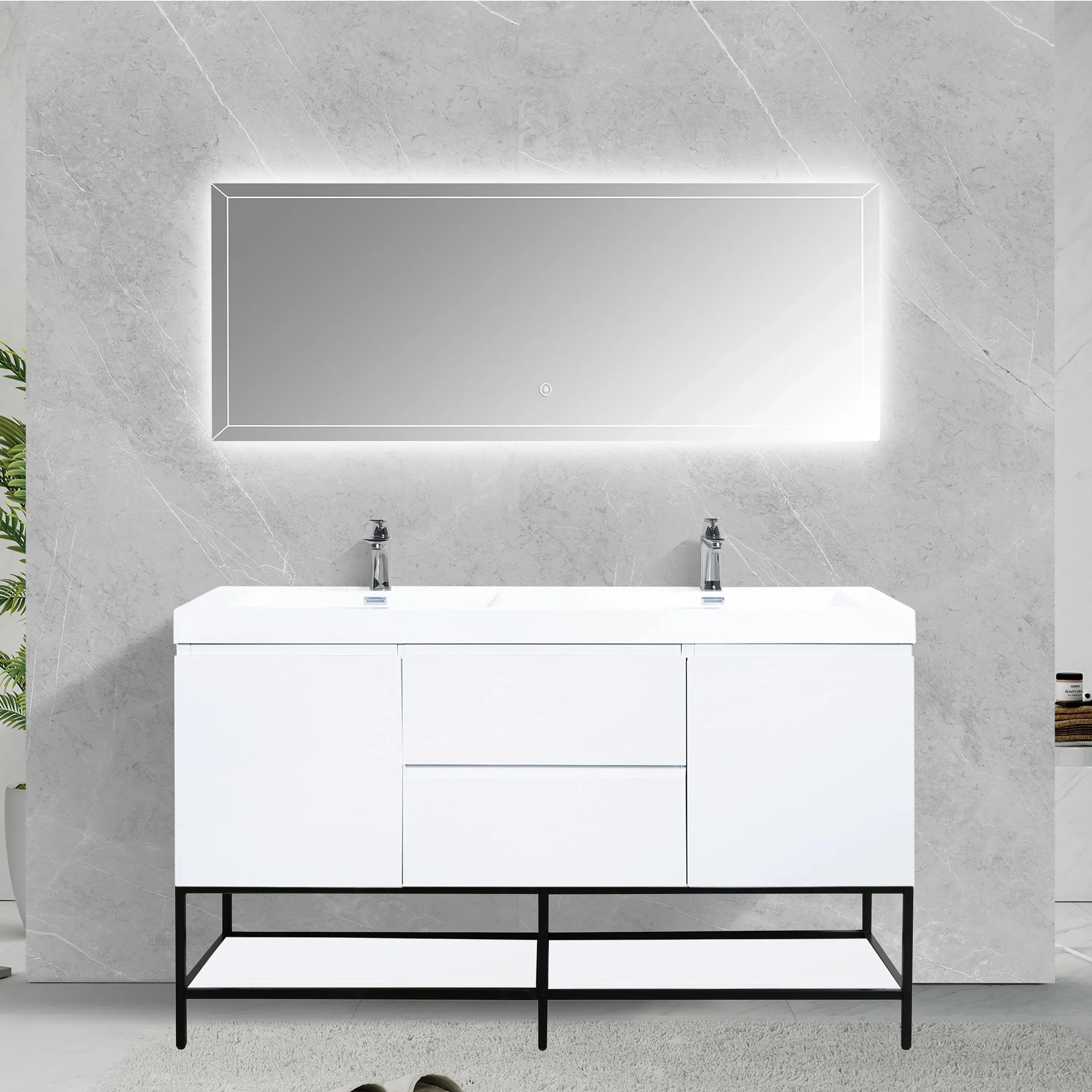 60" Glossy White Wall Mount Double Sink Bathroom Vanity with White Polymarble Countertop