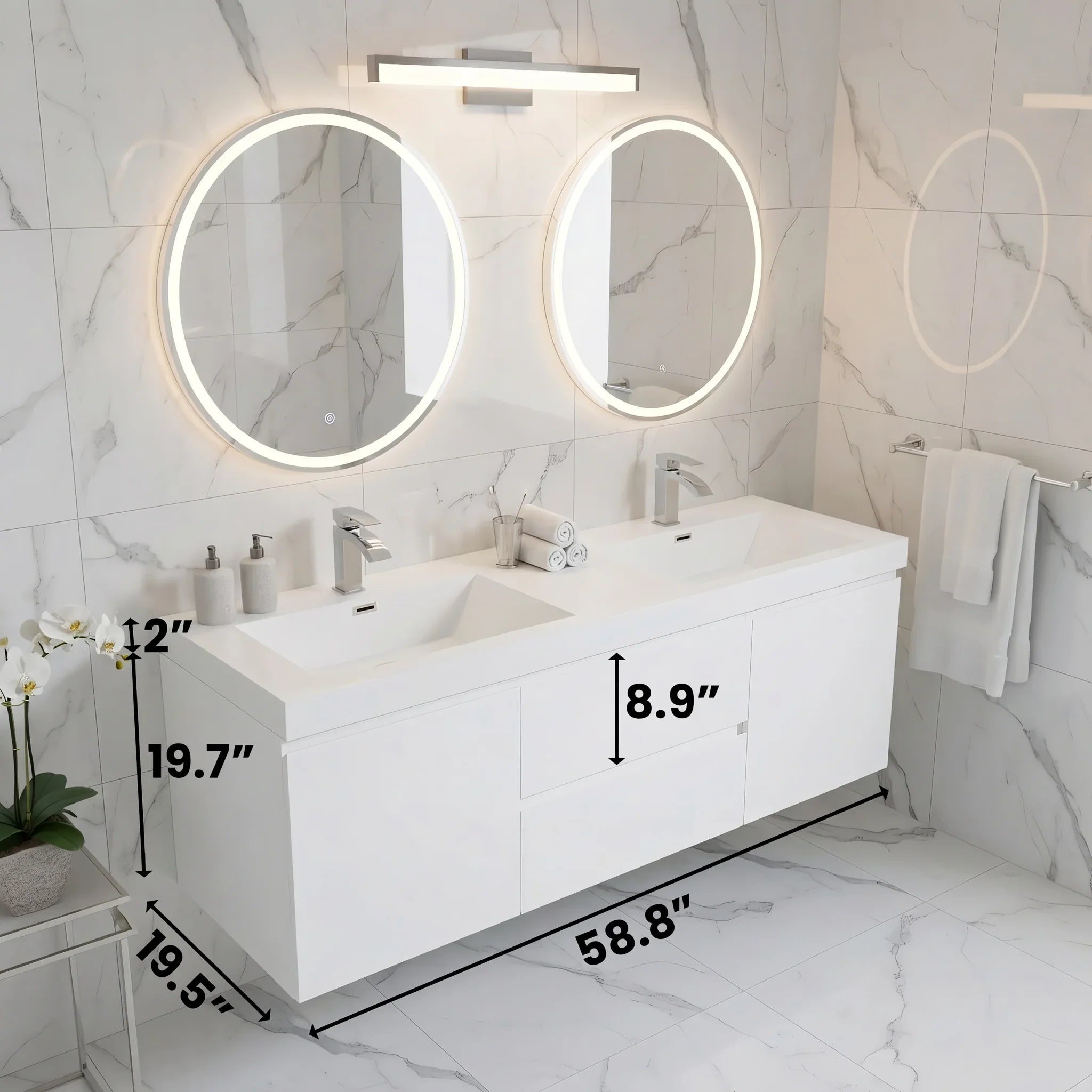 60" Glossy White Wall Mount Double Sink Bathroom Vanity with White Polymarble Countertop