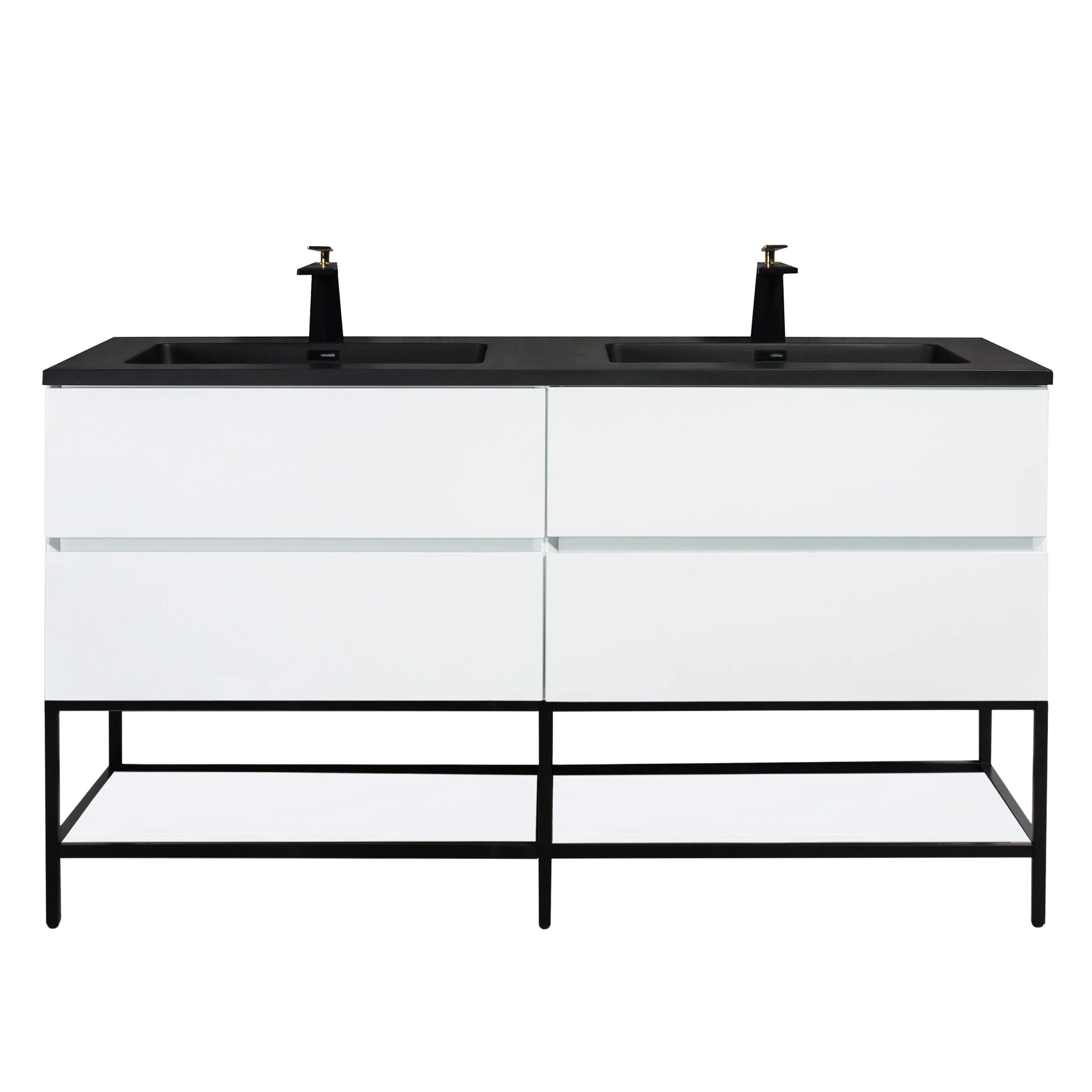 60" White Wall Mount Double Sink Bathroom Vanity with Black Engineered Quartz Countertop