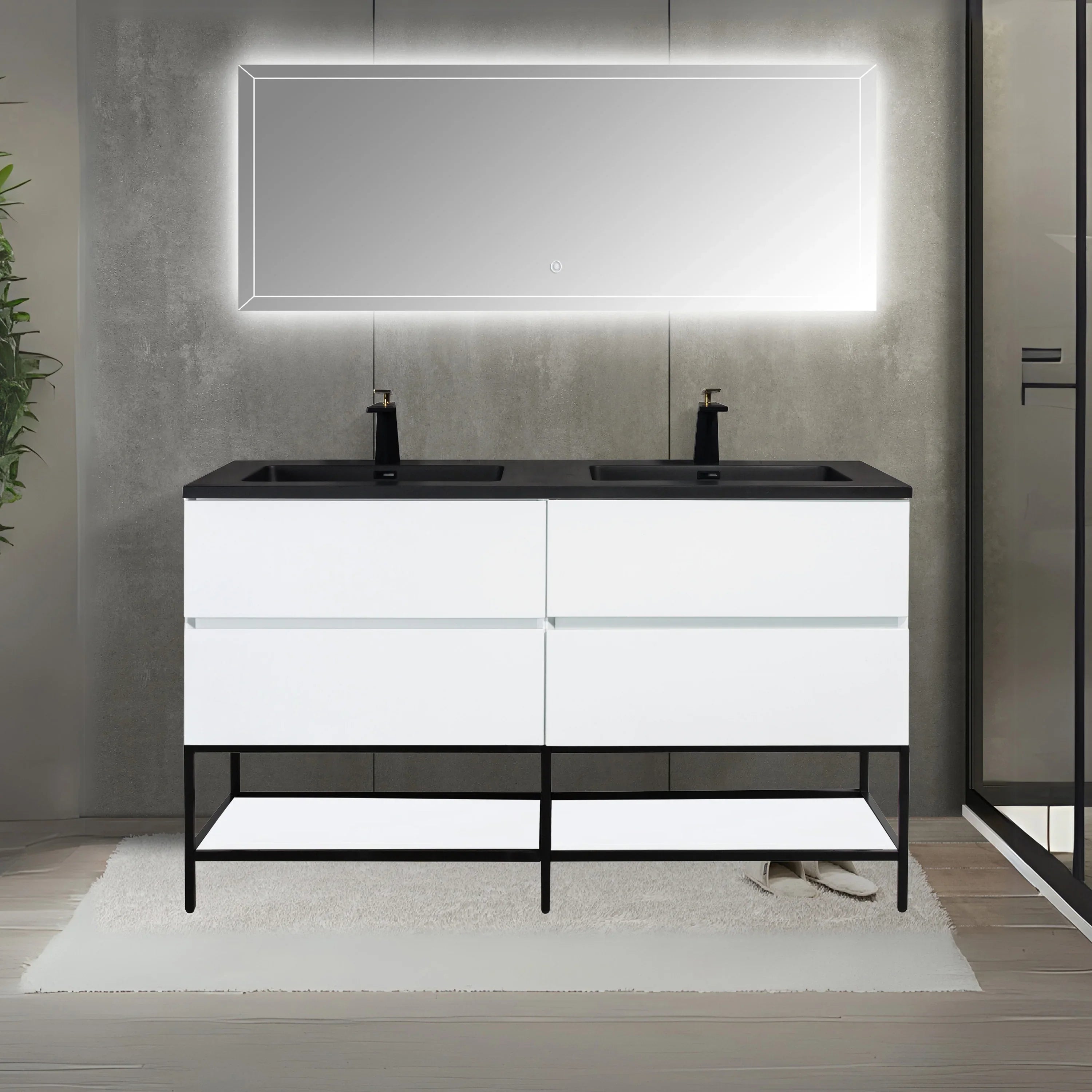 60" White Wall Mount Double Sink Bathroom Vanity with Black Engineered Quartz Countertop