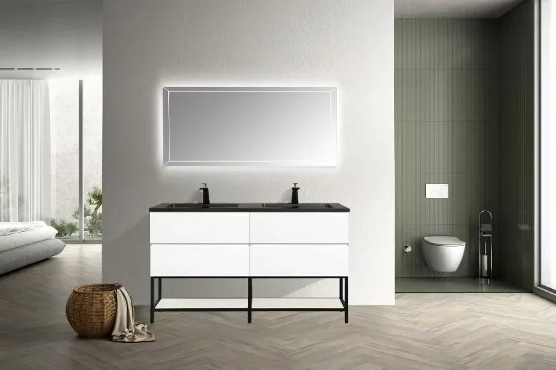 60" White Wall Mount Double Sink Bathroom Vanity with Black Engineered Quartz Countertop
