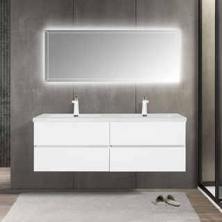 60" White Wall Mount Double Sink Bathroom Vanity with White Polymarble Countertop