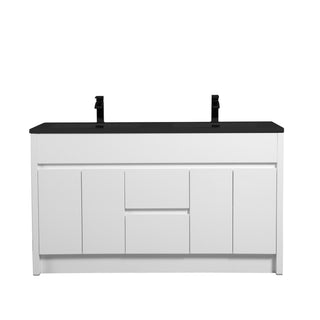 60" Matte White Freestanding Double Sink Bathroom Vanity with Black Engineered Quartz Countertop