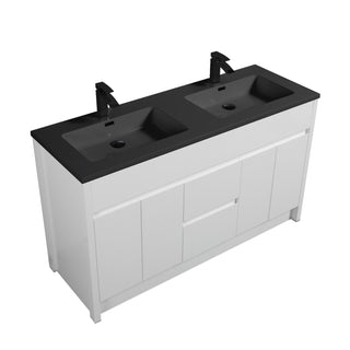 60" Matte White Freestanding Double Sink Bathroom Vanity with Black Engineered Quartz Countertop