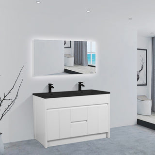 60" Matte White Freestanding Double Sink Bathroom Vanity with Black Engineered Quartz Countertop