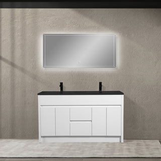 60" Matte White Freestanding Double Sink Bathroom Vanity with Black Engineered Quartz Countertop