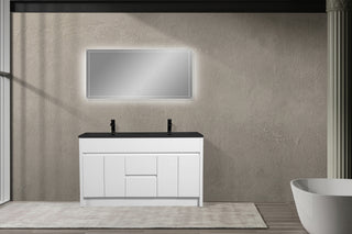 60" Matte White Freestanding Double Sink Bathroom Vanity with Black Engineered Quartz Countertop