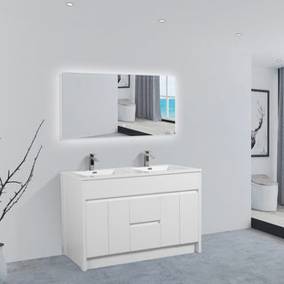 60" Matte White Freestanding Double Sink Bathroom Vanity with White Polymarble Countertop