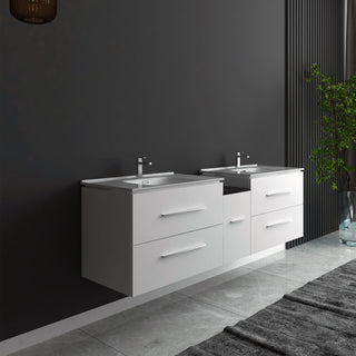 Meuble-Lavabo Mural 60po Blanc Mat avec Comptoir en Céramique Blanc