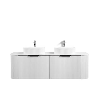 60" Matte White Wall Mount Double Sink Curved Fluted Bathroom Vanity with White Granite Countertop and Basin