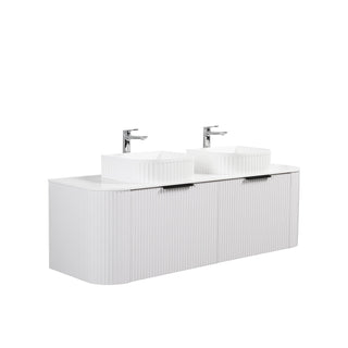 60" Matte White Wall Mount Double Sink Curved Fluted Bathroom Vanity with White Granite Countertop and Basin