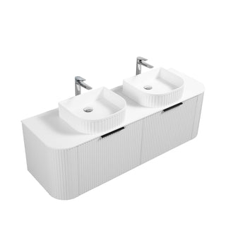 60" Matte White Wall Mount Double Sink Curved Fluted Bathroom Vanity with White Solid Surface Countertop and Basin