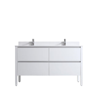 60" Matte White Freestanding Double Sink Vanity with White Quartz Countertop and Ceramic Sink