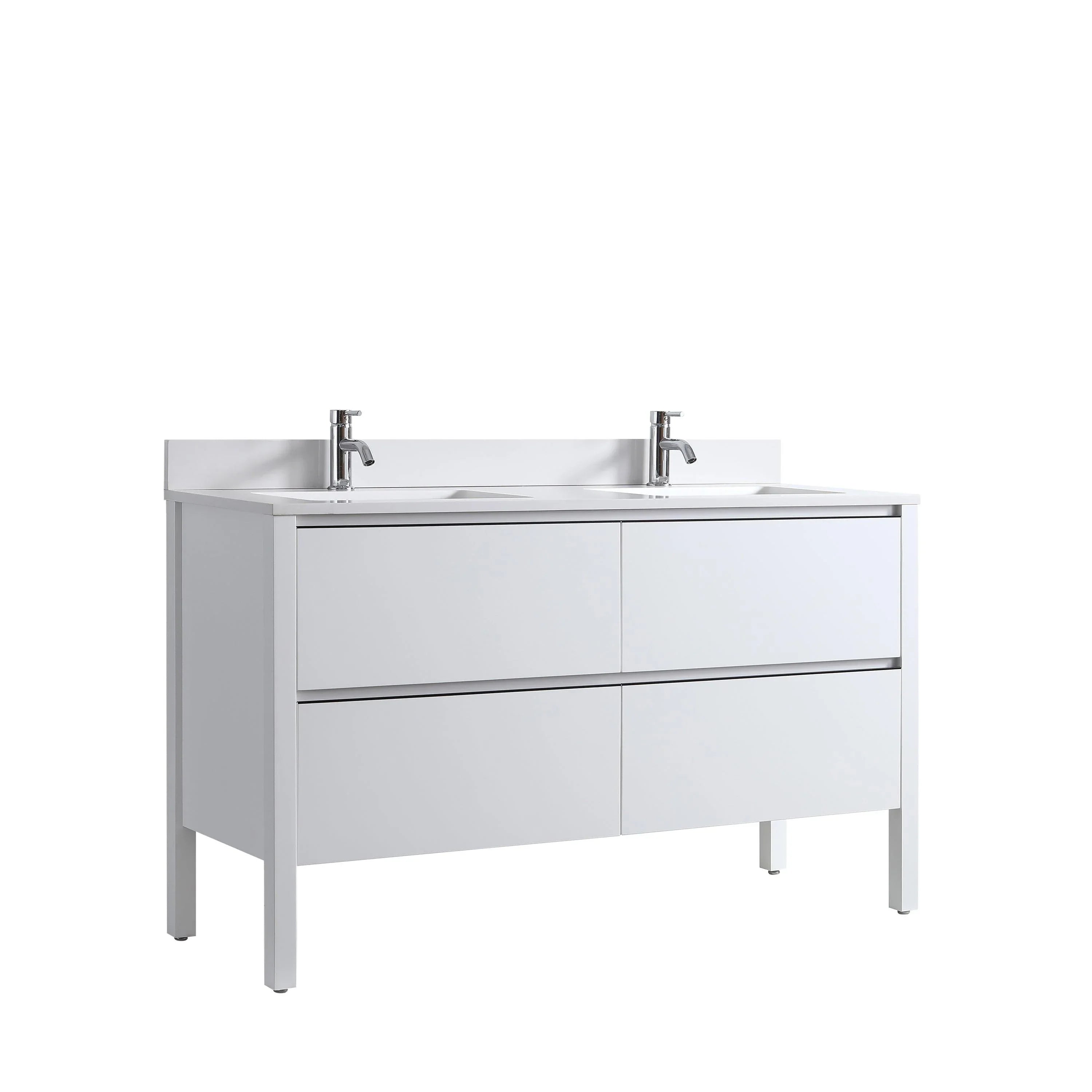 60" Matte White Freestanding Double Sink Vanity with White Quartz Countertop and Ceramic Sink