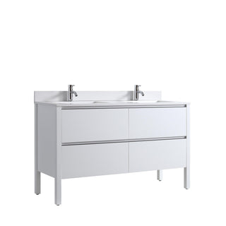 60" Matte White Freestanding Double Sink Vanity with White Quartz Countertop and Ceramic Sink