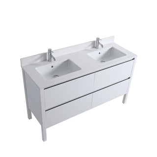 60" Matte White Freestanding Double Sink Vanity with White Quartz Countertop and Ceramic Sink