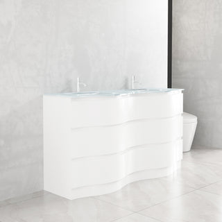 Meuble-Lavabo Autoportant 60po Blanc Mat avec Comptoir de Verre Blanc