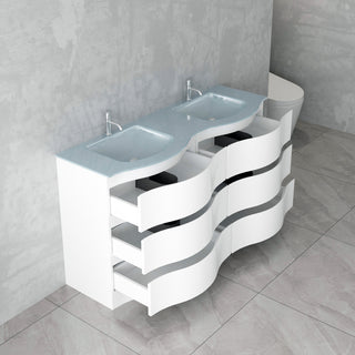 Meuble-Lavabo Autoportant 60po Blanc Mat avec Comptoir de Verre Blanc