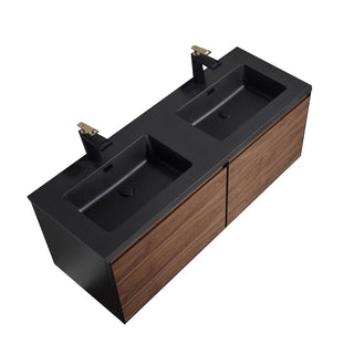 60" Walnut Wall Mount Double Sink Bathroom Vanity with Black Engineered Quartz Countertop - Golden Elite Deco