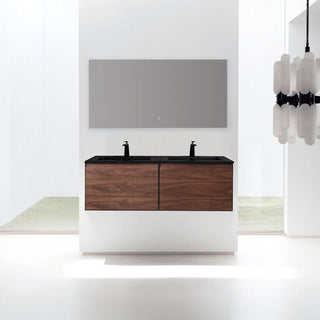 60" Walnut Wall Mount Double Sink Bathroom Vanity with Black Engineered Quartz Countertop - Golden Elite Deco