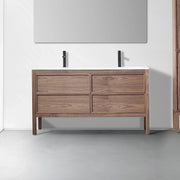 60" Natural Walnut Freestanding Double Sink Bathroom Vanity with White Solid Surface Countertop