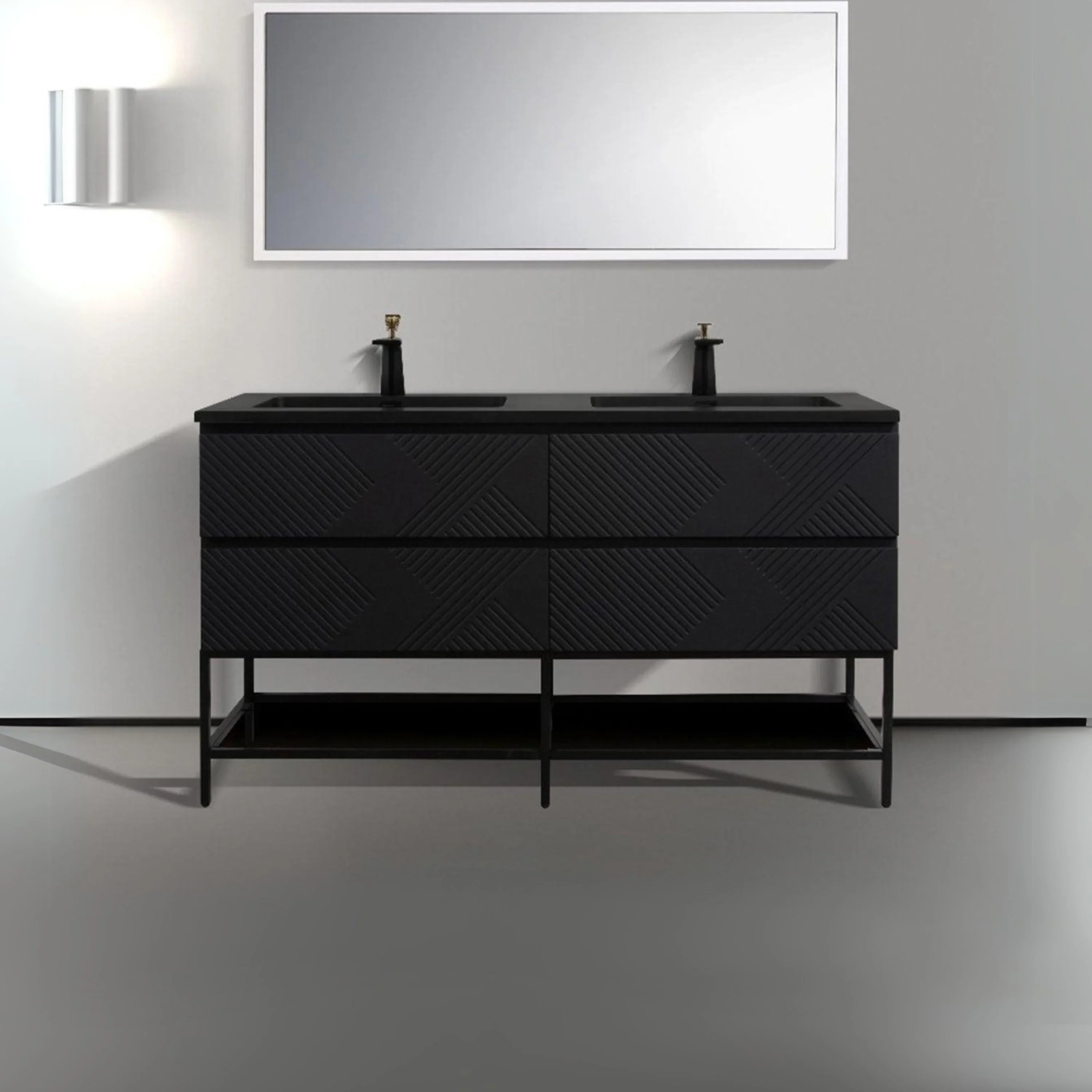 Meuble-lavabo mural noir 60" avec Comptoir en quartz technique noir