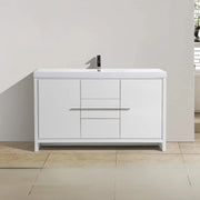 60" Glossy White Freestanding Single Sink Bathroom Vanity with White Polymarble Countertop
