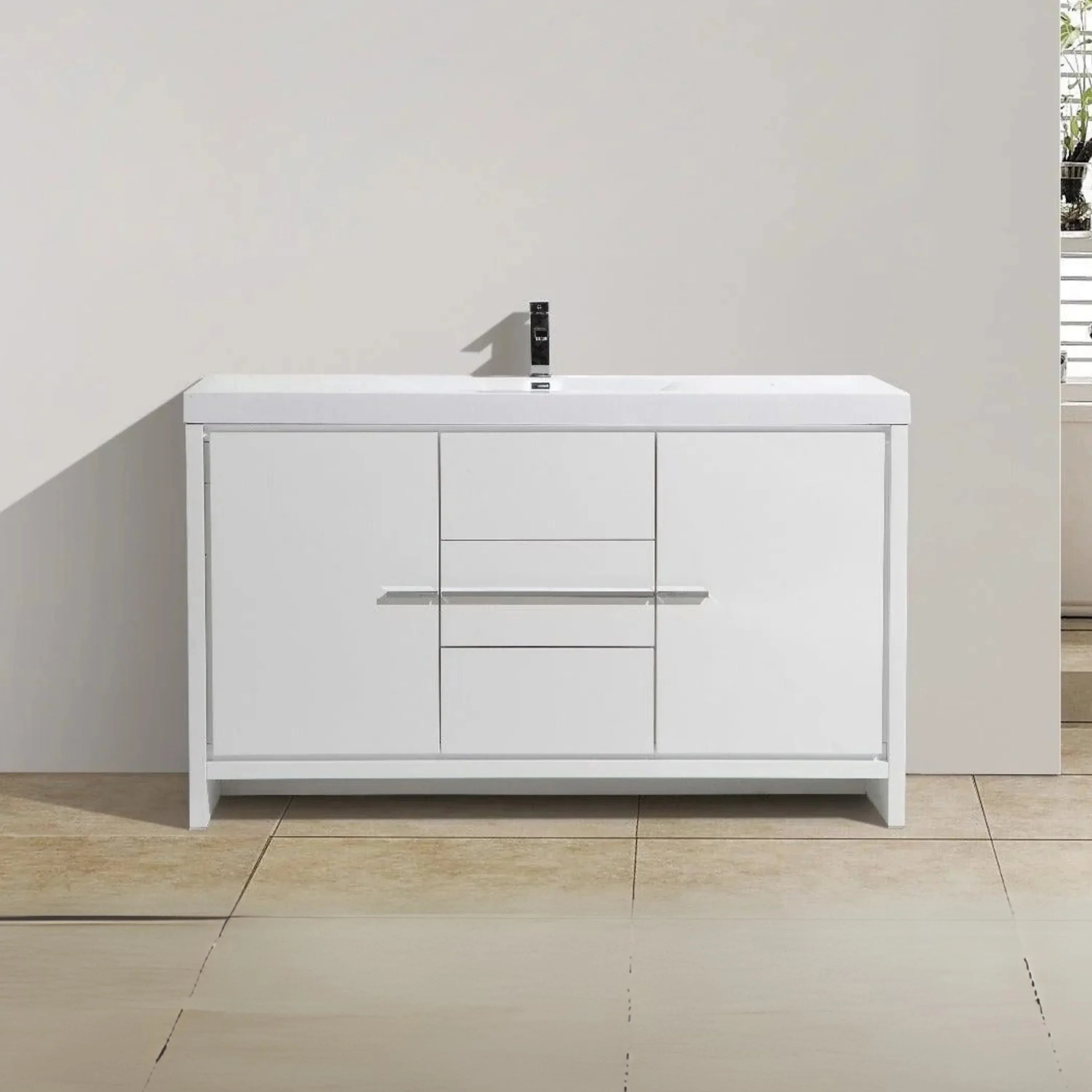 60" Glossy White Freestanding Single Sink Bathroom Vanity with White Polymarble Countertop