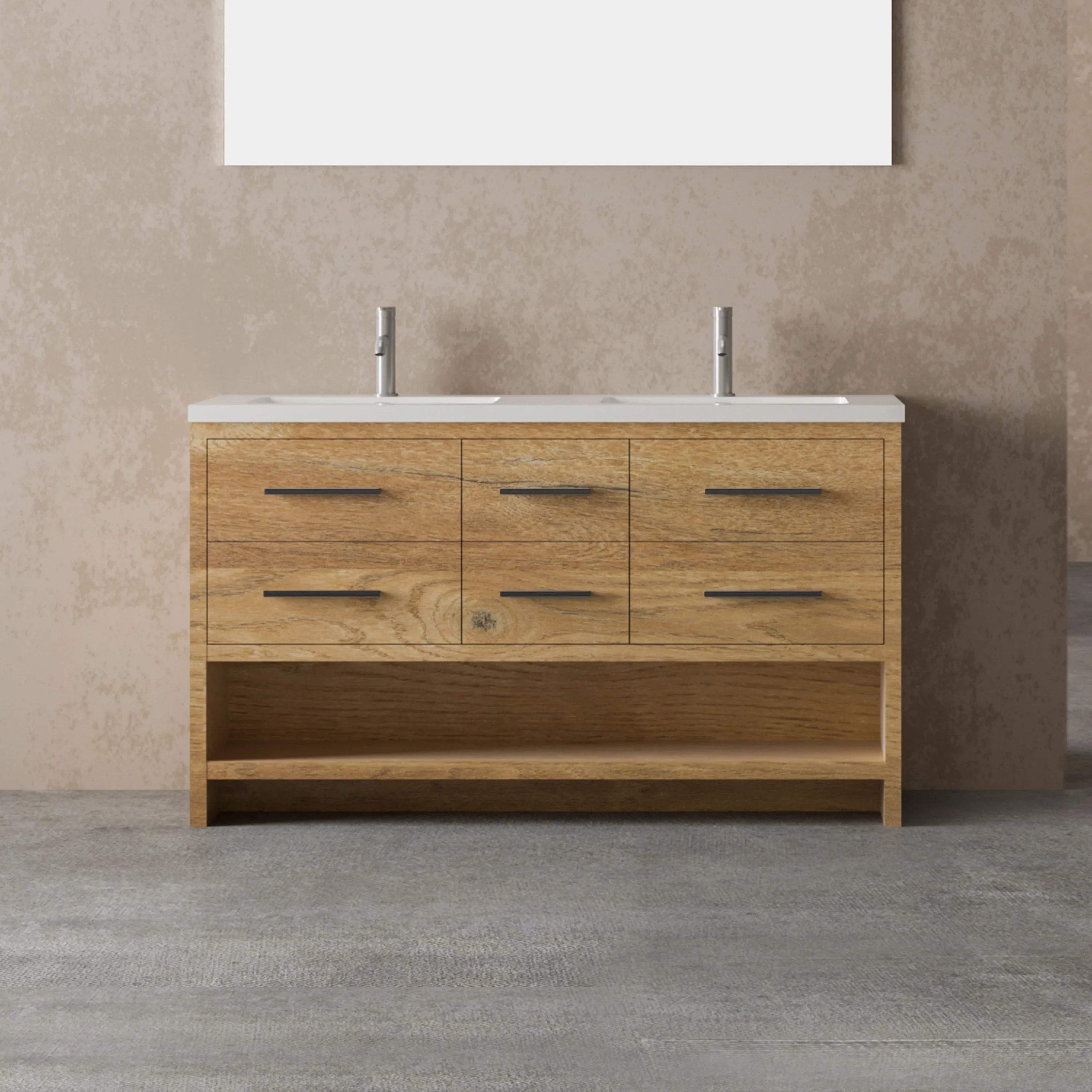 60" Rough Oak Freestanding Double Sink Bathroom Vanity with White Polymarble Countertop