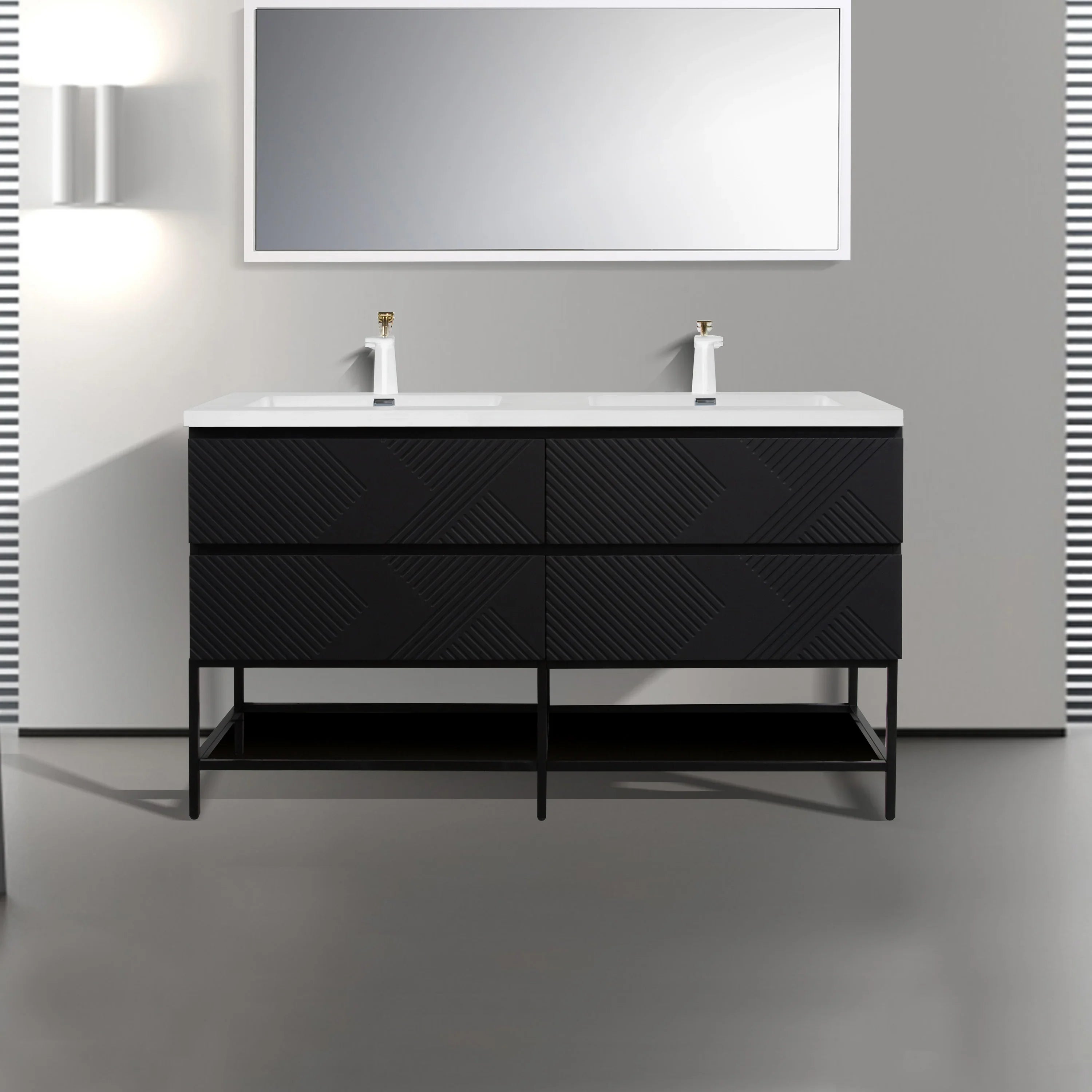 Meuble-lavabo mural noir 60" avec Comptoir en polymarbre blanc