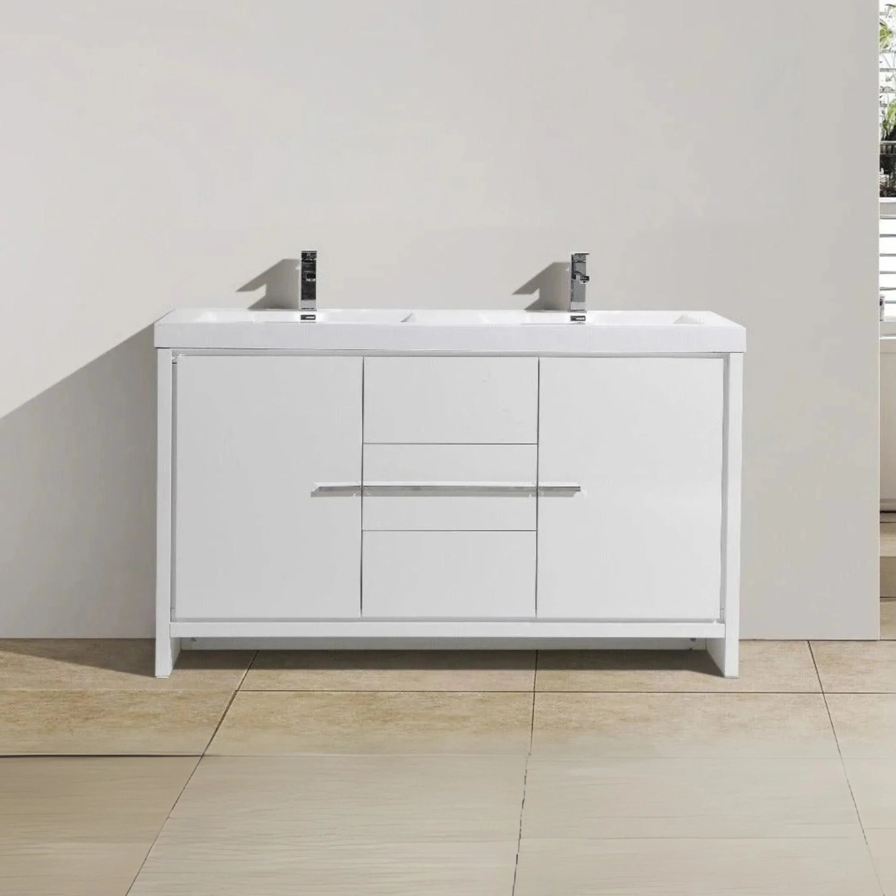 Meuble-Lavabo Autoportant 60po Blanc Brillant avec Comptoir de Polymarbre Blanc 