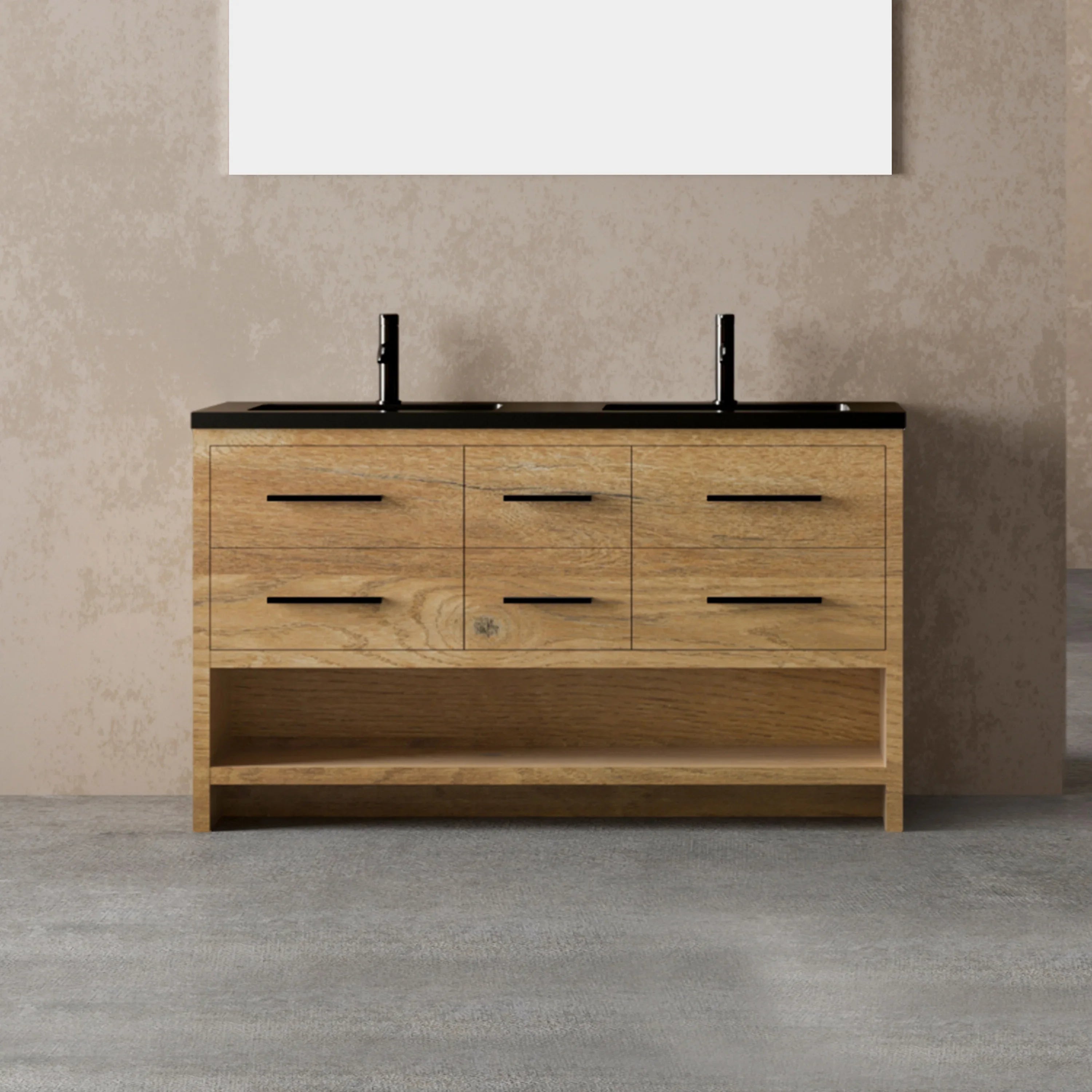 60" Rough Oak Freestanding Double Sink Bathroom Vanity with Black Engineered Quartz Countertop