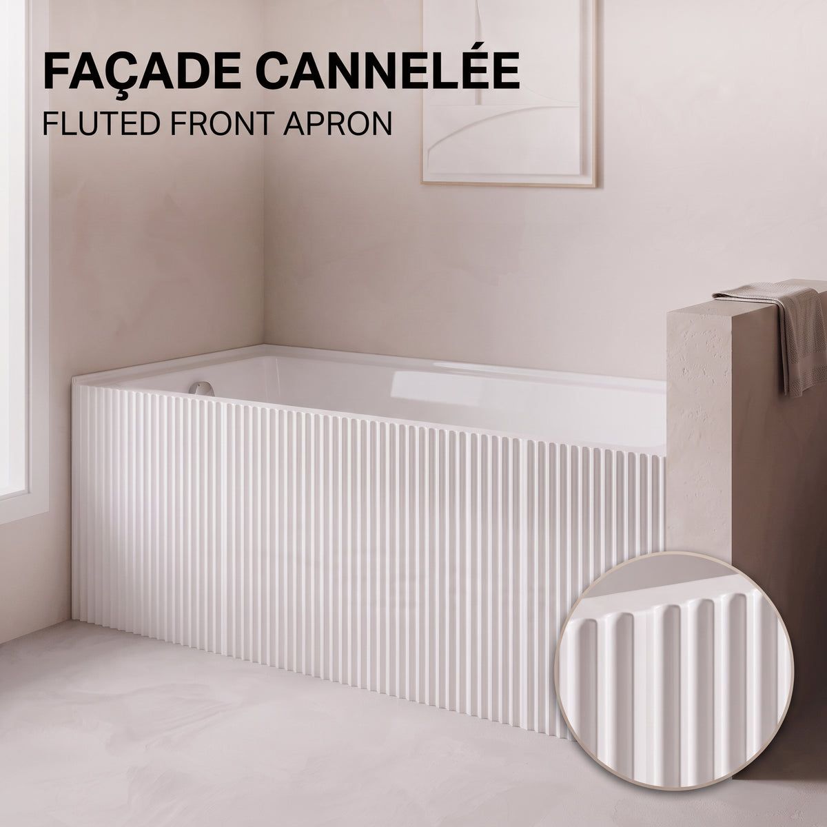 60" x 30" Haven Fluted Acrylic Alcove Bathtub - Glossy White