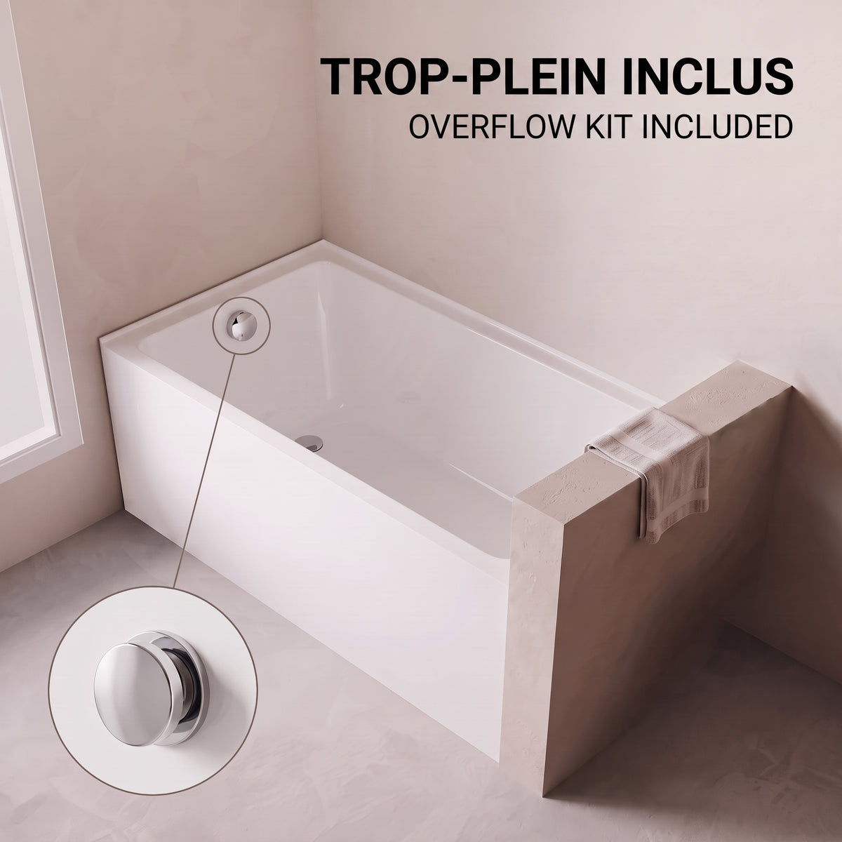 60" x 30" Haven Glossy White Acrylic Alcove Bathtub