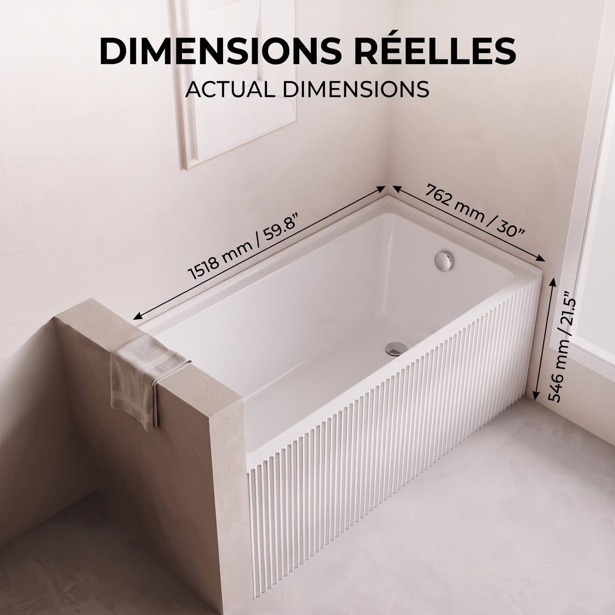 60" x 30" Haven Fluted Acrylic Alcove Bathtub - Glossy White
