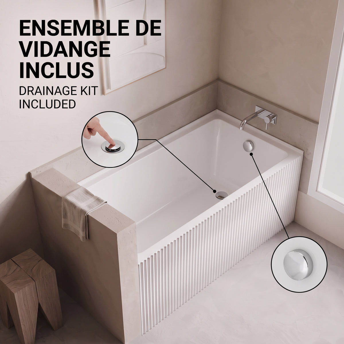 60" x 30" Haven Fluted Acrylic Alcove Bathtub - Glossy White