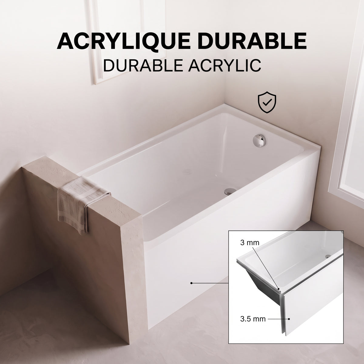 60" x 30" Haven Glossy White Acrylic Alcove Bathtub