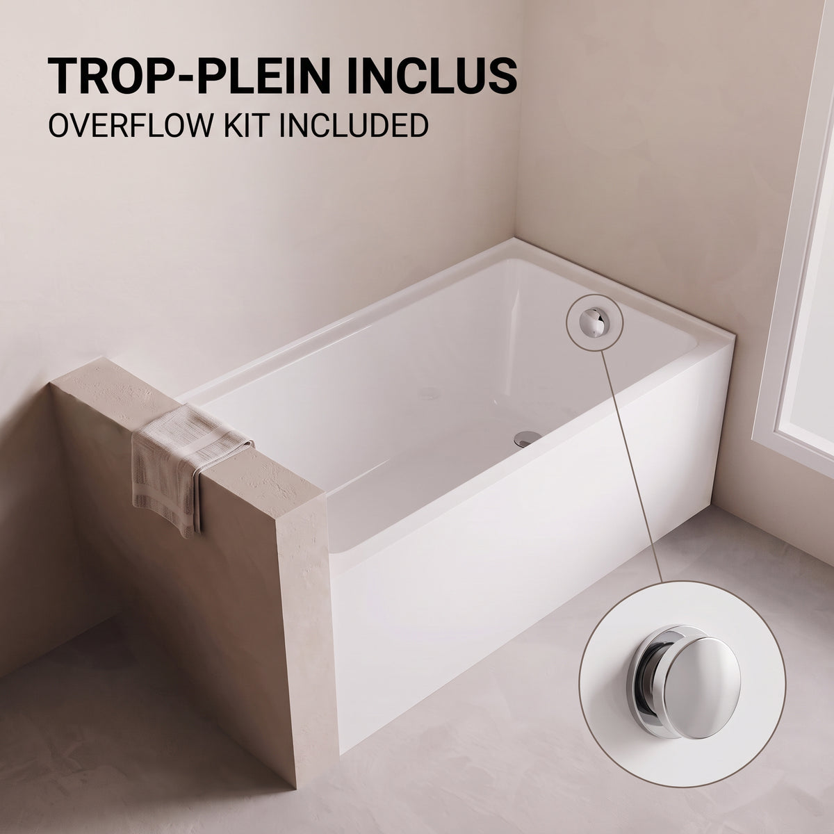 60" x 30" Haven Glossy White Acrylic Alcove Bathtub