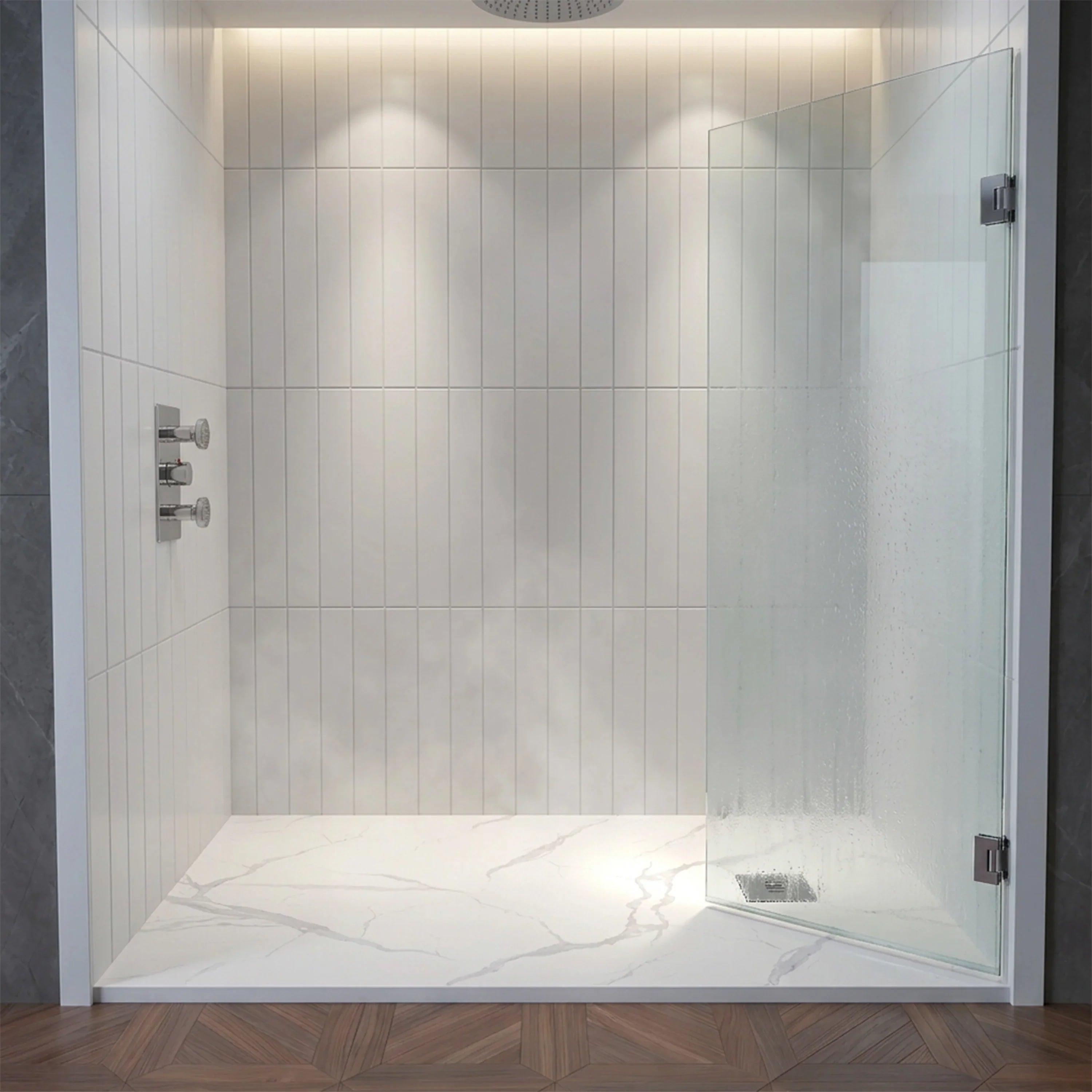 60" x 32" White Calcutta Solid Surface Reversible Shower Base with Flanges