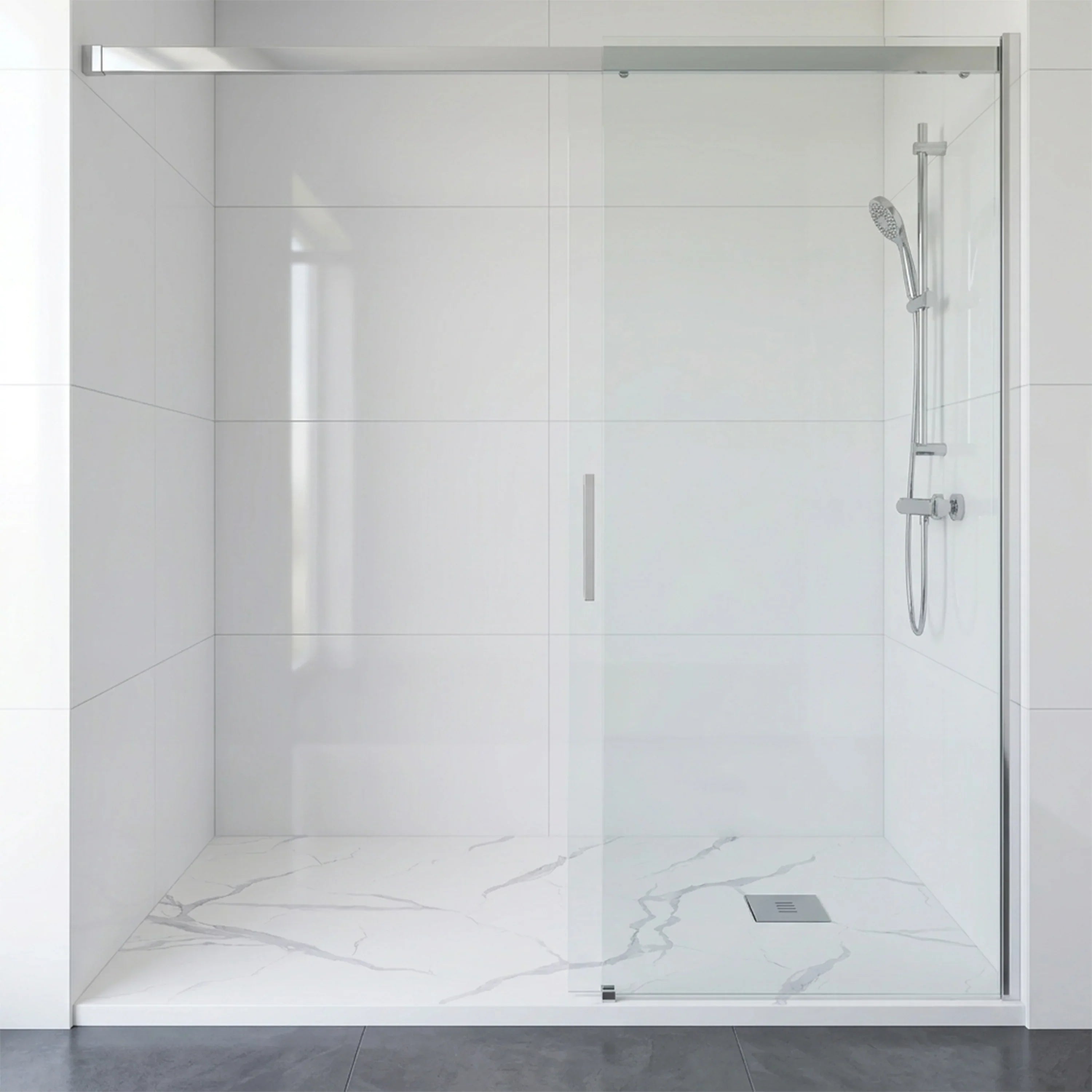 60" x 32" White Calcutta Solid Surface Reversible Shower Base with Flanges