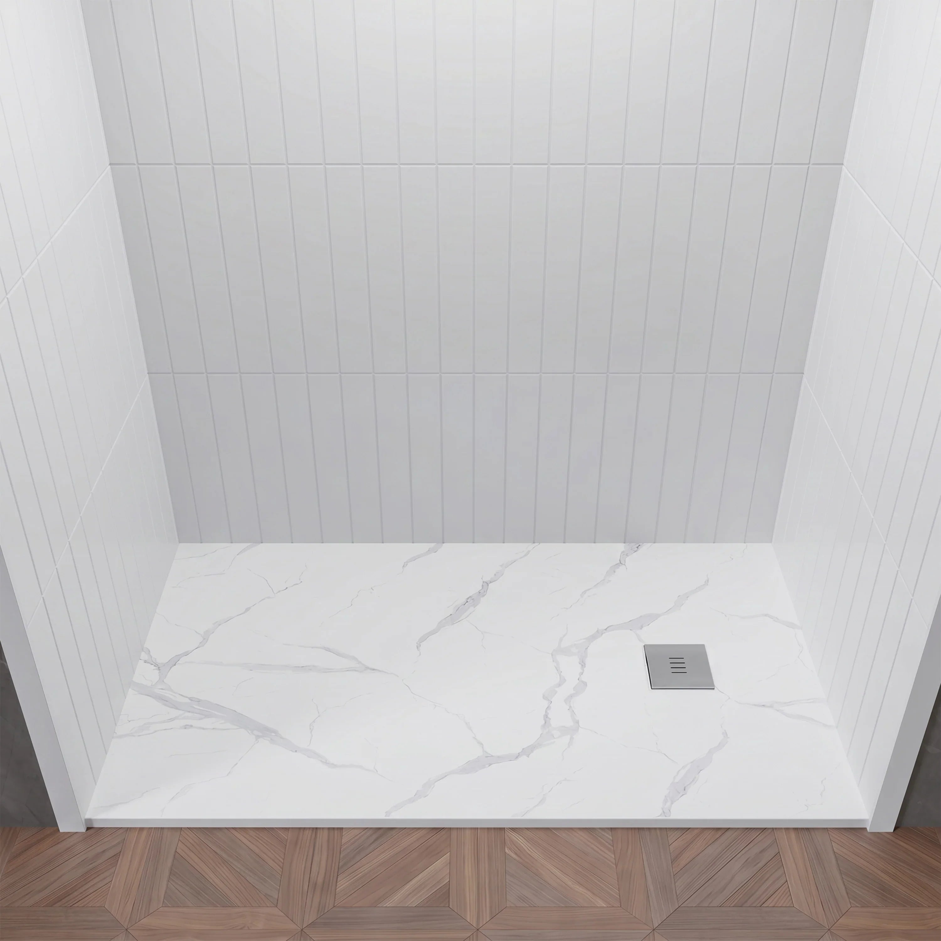 60" x 32" White Calcutta Solid Surface Reversible Shower Base with Flanges